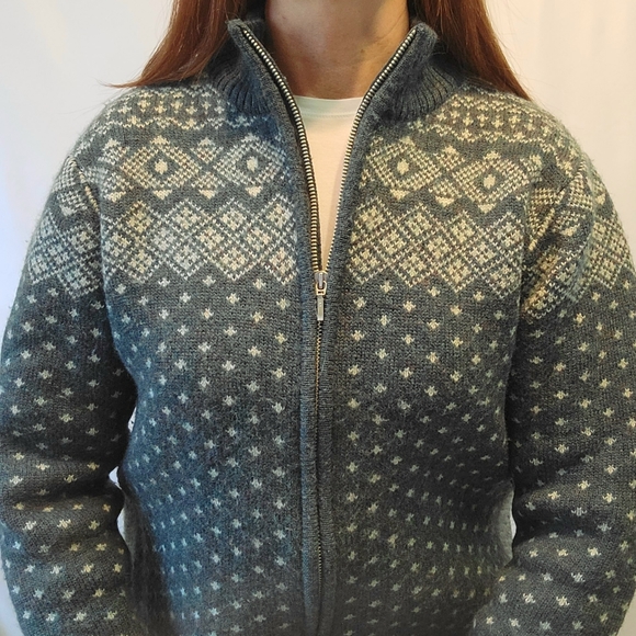 Vintage Land End Wool Fair Isle Full Zip Cardigan Sweater - Picture 5 of 16